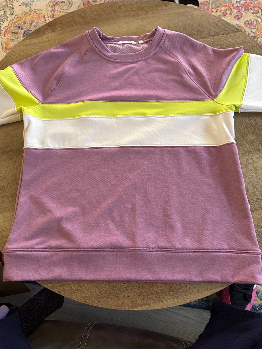 cotopaxi Lavender Crewneck Sweatshirt with Neon Yellow & White Stripes